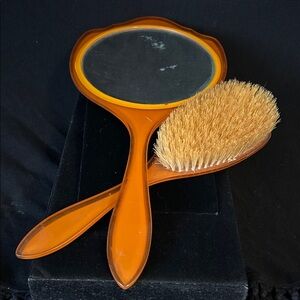 Antique Butterscotch Golden Orange Bakalite Vanity Set With Horse Hair Brush